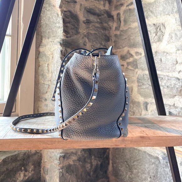Valentino Grey Leather Rockstud Medium Shopping Tote - Picture 2 of 12